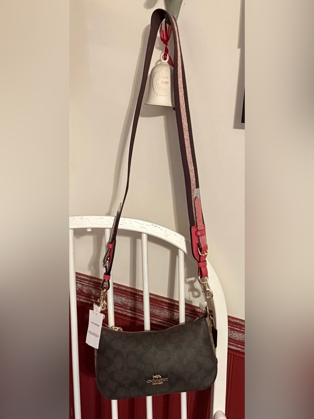 Coach Brown & Dark Brown Signature Logo Shoulder Bag /Pink strap & bottom-NWT